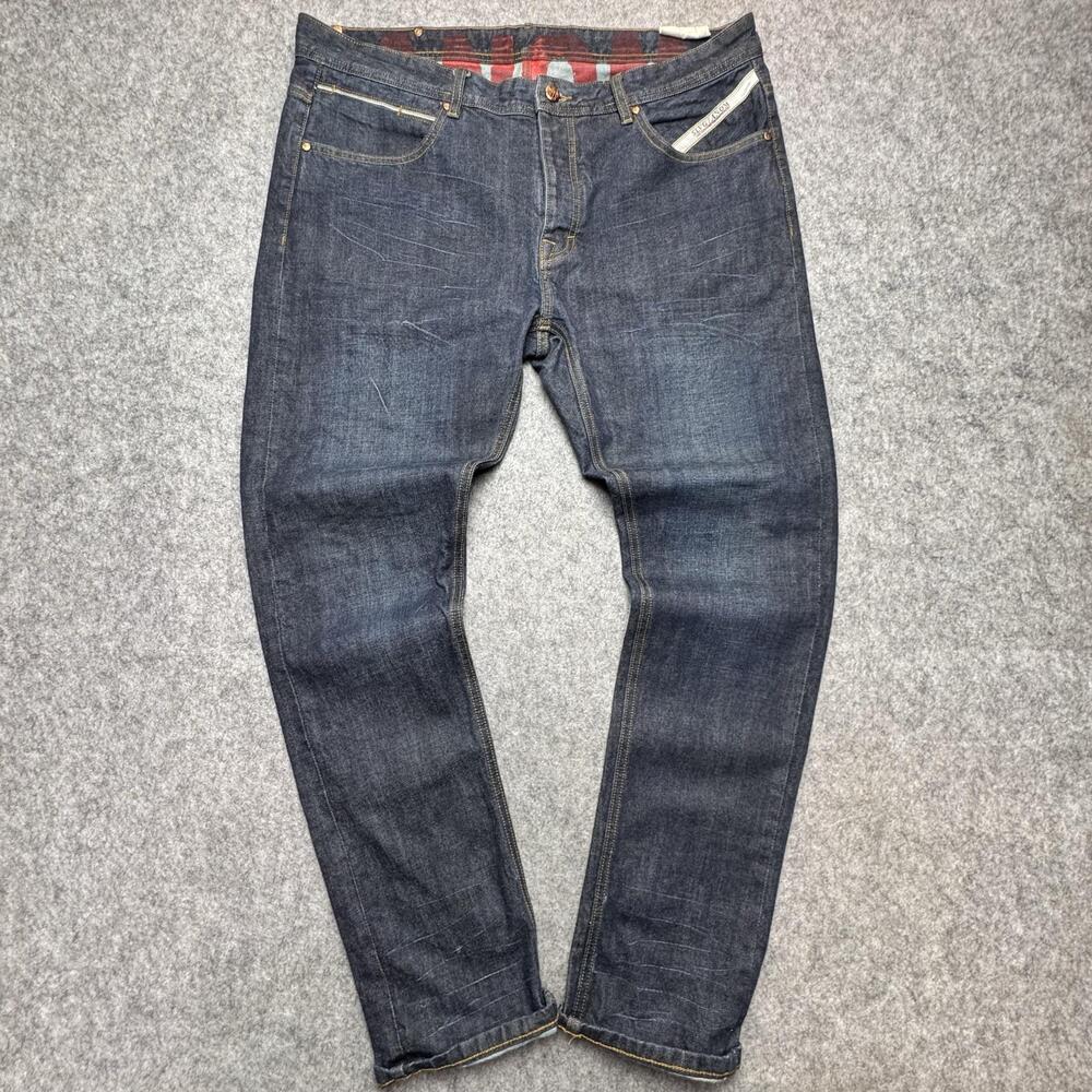 ANOM Jeans Mens 38x32 Blue Slim Straight Selvedge Button Fly Denim Pants Casual